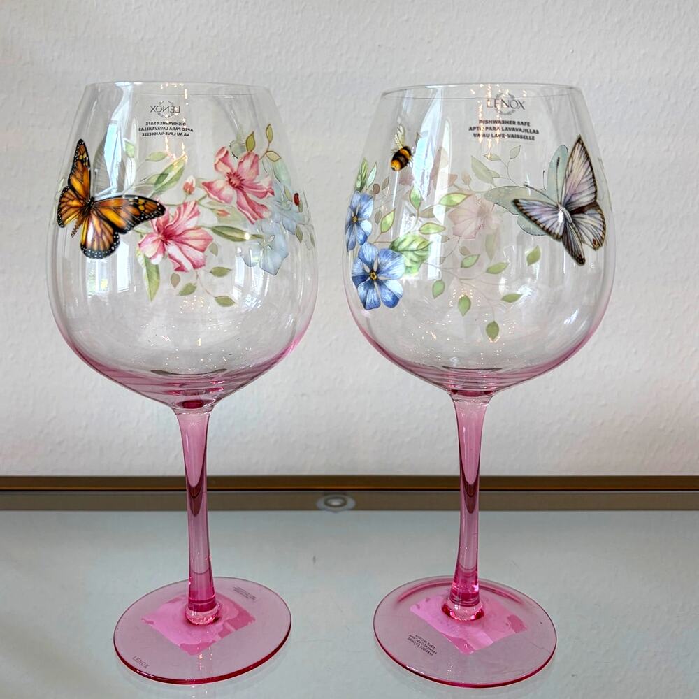 Lenox Butterfly Meadow Wine Glass Set of 2 Pink Stem Spring Floral Barware NEW